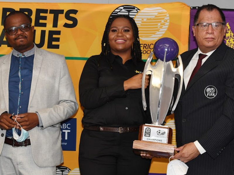 JOHANNESBURG, SOUTH AFRICA - MAY 18: SAFA CEO Tebogo Motlanthe, Hollywoodbets Commercial Manager, Sandisiwe Bhengu and SAFA President Danny Jordaan during the SAFA New Sponsorship Announcement Hollywoodbets Super League  Media Briefing on May 18, 2021 in Johannesburg, South Africa. (Photo by Lefty Shivambu/Gallo Images)