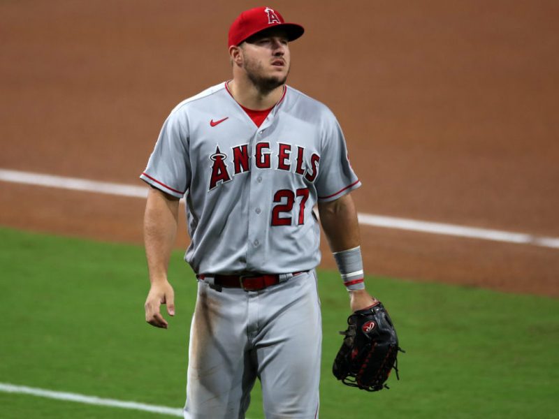 SAN DIEGO, CA - SEPTEMBER 22:  Mike Trout #27 of the Los Angeles Angels looks on during the game against the San Diego Padres at Petco Park on September 22, 2020 in San Diego, California. The Angels defeated the Padres 4-2. (Photo by Rob Leiter/MLB Photos via Getty Images)