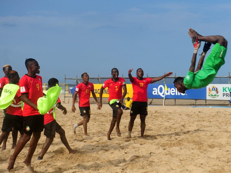 Mozambique players celebrate victory at the final whistle of the 2021 Cosafa Beach Soccer Championship Final between Tanzania and Mozambique at South Beach Arena in Durban on 21 November 2021 © Ryan Wilkisky/BackpagePix